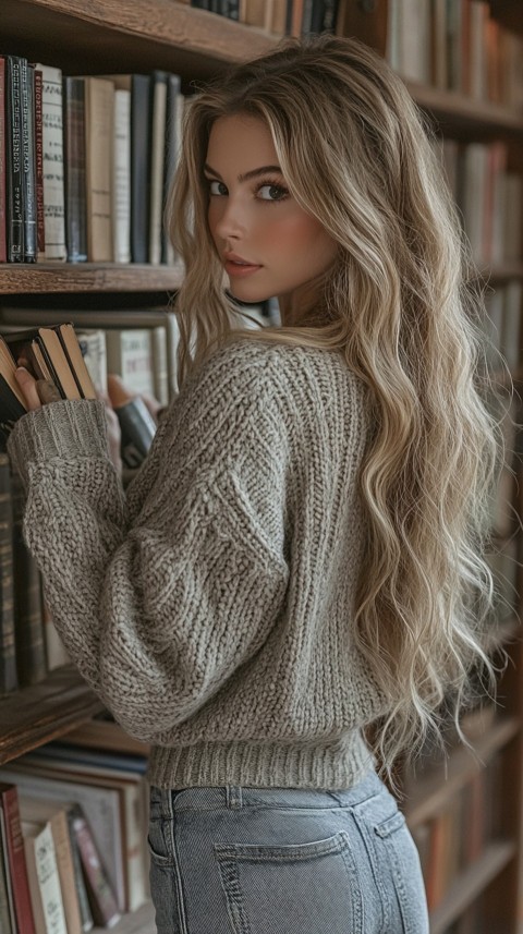 Back Shot of a Woman Reaching for a Book on a Shelf – Feminine Blogger Aesthetic (270)