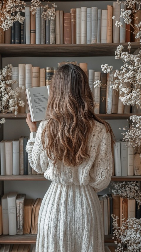 Back Shot of a Woman Reaching for a Book on a Shelf – Feminine Blogger Aesthetic (274)