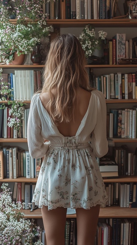 Back Shot of a Woman Reaching for a Book on a Shelf – Feminine Blogger Aesthetic (265)