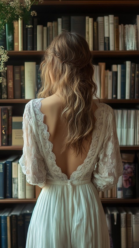 Back Shot of a Woman Reaching for a Book on a Shelf – Feminine Blogger Aesthetic (284)