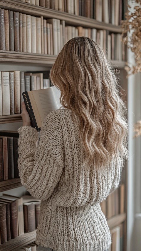 Back Shot of a Woman Reaching for a Book on a Shelf – Feminine Blogger Aesthetic (252)