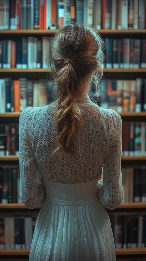 Back Shot of a Woman Reaching for a Book on a Shelf – Feminine Blogger Aesthetic (286)