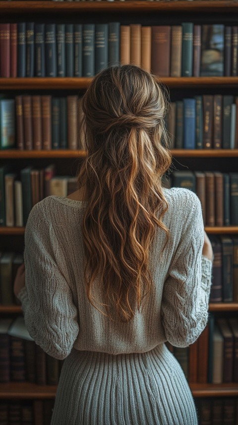 Back Shot of a Woman Reaching for a Book on a Shelf – Feminine Blogger Aesthetic (277)