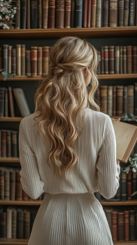 Back Shot of a Woman Reaching for a Book on a Shelf – Feminine Blogger Aesthetic (279)