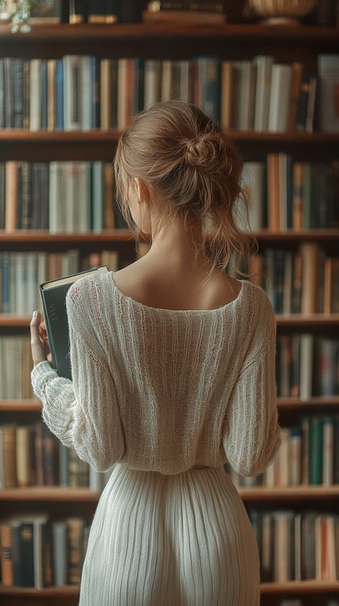 Back Shot of a Woman Reaching for a Book on a Shelf – Feminine Blogger Aesthetic (283)