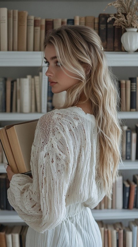 Back Shot of a Woman Reaching for a Book on a Shelf – Feminine Blogger Aesthetic (333)