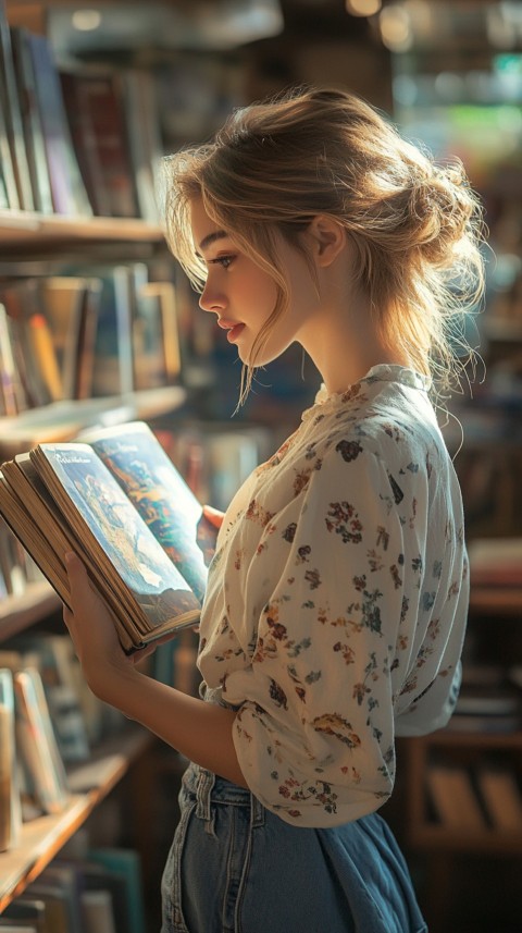 Back Shot of a Woman Reaching for a Book on a Shelf – Feminine Blogger Aesthetic (330)