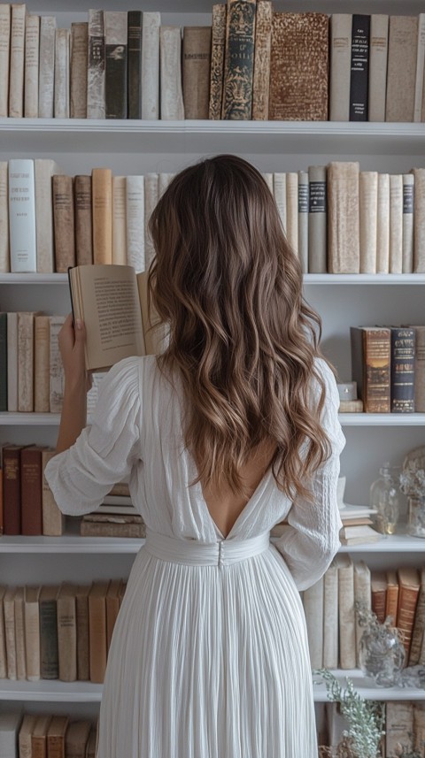 Back Shot of a Woman Reaching for a Book on a Shelf – Feminine Blogger Aesthetic (307)