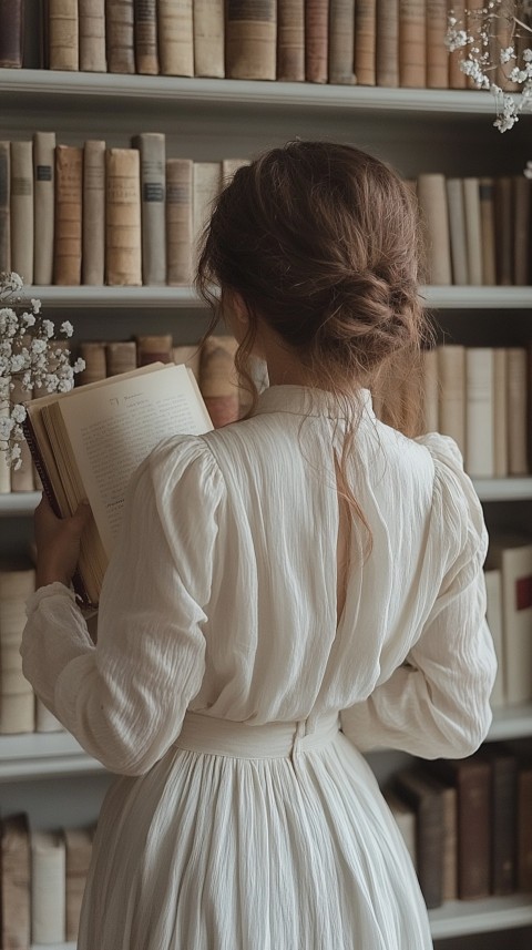 Back Shot of a Woman Reaching for a Book on a Shelf – Feminine Blogger Aesthetic (344)