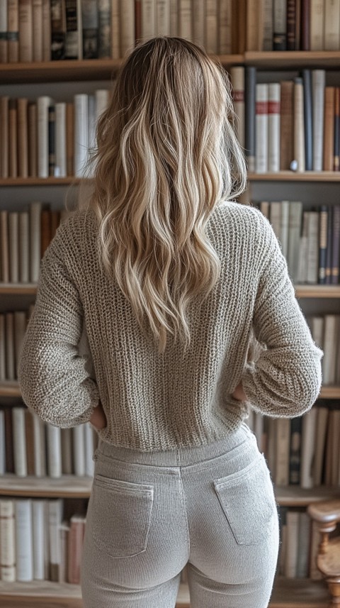 Back Shot of a Woman Reaching for a Book on a Shelf – Feminine Blogger Aesthetic (312)