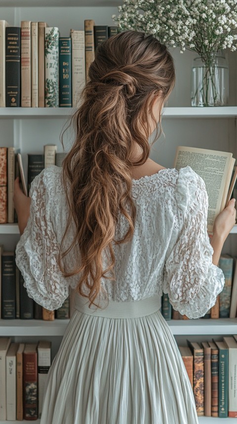 Back Shot of a Woman Reaching for a Book on a Shelf – Feminine Blogger Aesthetic (348)