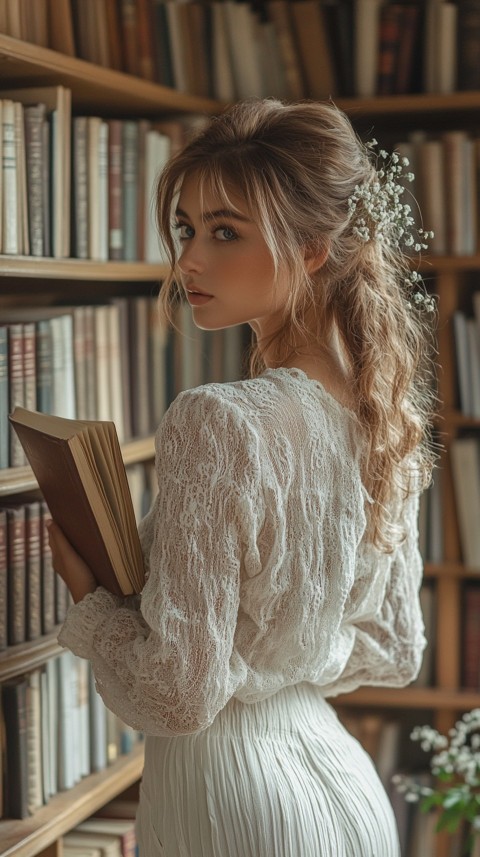 Back Shot of a Woman Reaching for a Book on a Shelf – Feminine Blogger Aesthetic (306)