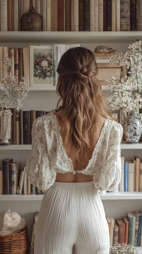 Back Shot of a Woman Reaching for a Book on a Shelf – Feminine Blogger Aesthetic (328)