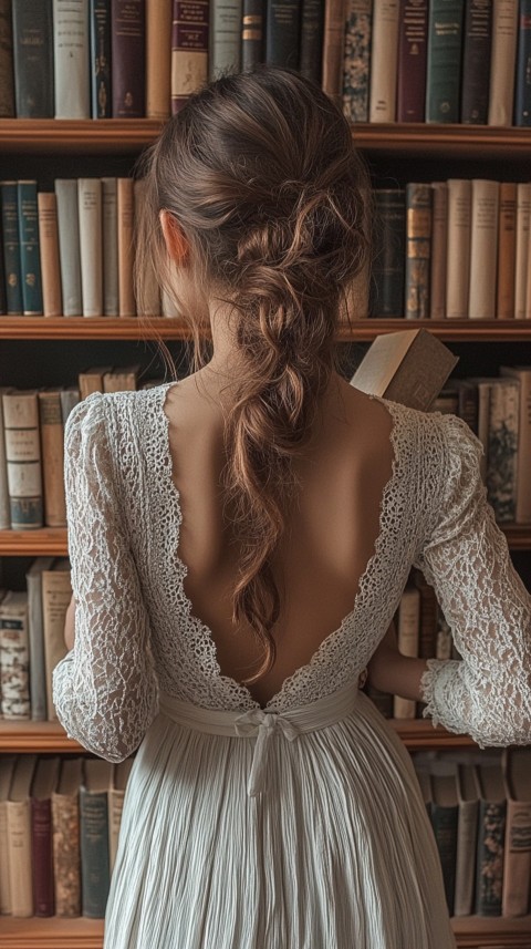 Back Shot of a Woman Reaching for a Book on a Shelf – Feminine Blogger Aesthetic (349)