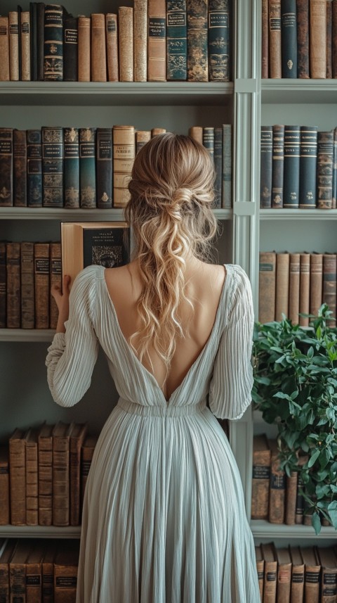 Back Shot of a Woman Reaching for a Book on a Shelf – Feminine Blogger Aesthetic (321)