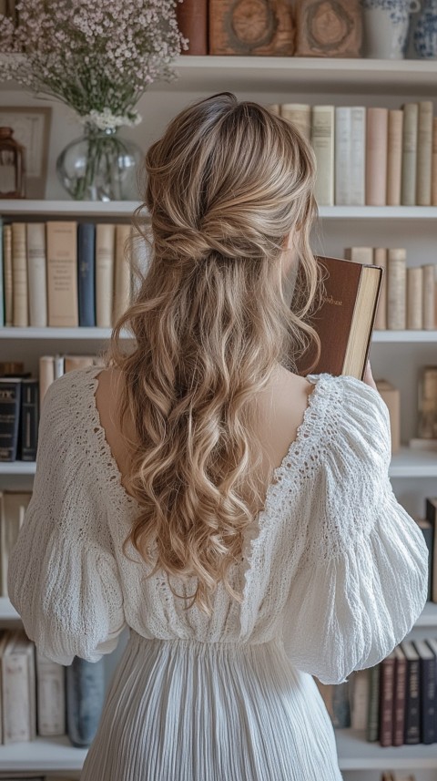 Back Shot of a Woman Reaching for a Book on a Shelf – Feminine Blogger Aesthetic (331)