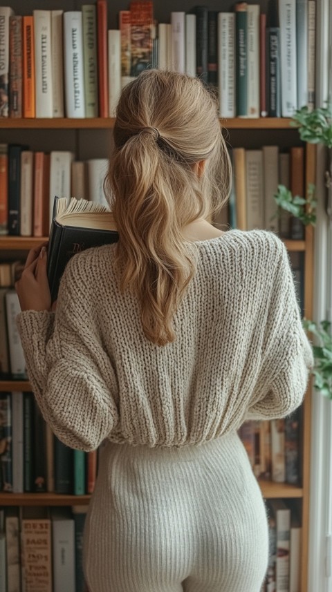 Back Shot of a Woman Reaching for a Book on a Shelf – Feminine Blogger Aesthetic (367)