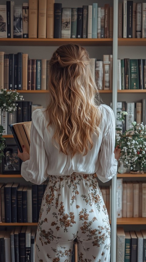 Back Shot of a Woman Reaching for a Book on a Shelf – Feminine Blogger Aesthetic (363)