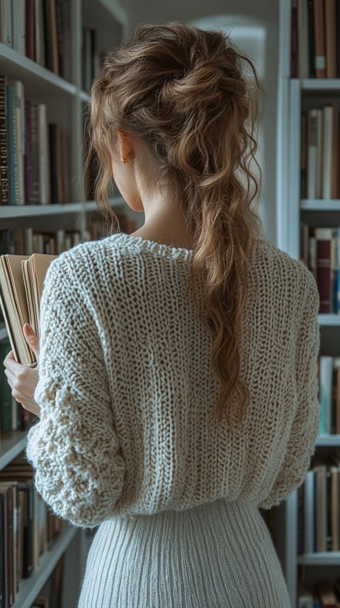 Back Shot of a Woman Reaching for a Book on a Shelf – Feminine Blogger Aesthetic (360)