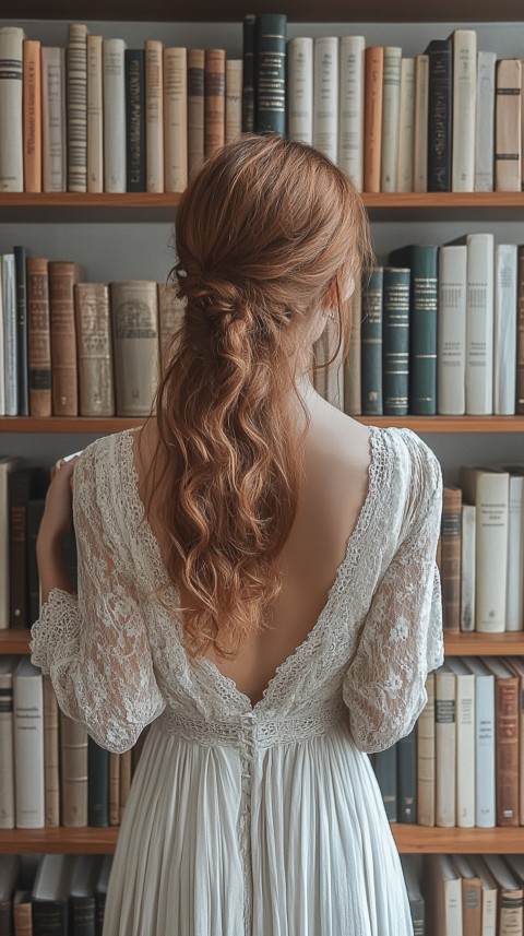 Back Shot of a Woman Reaching for a Book on a Shelf – Feminine Blogger Aesthetic (384)