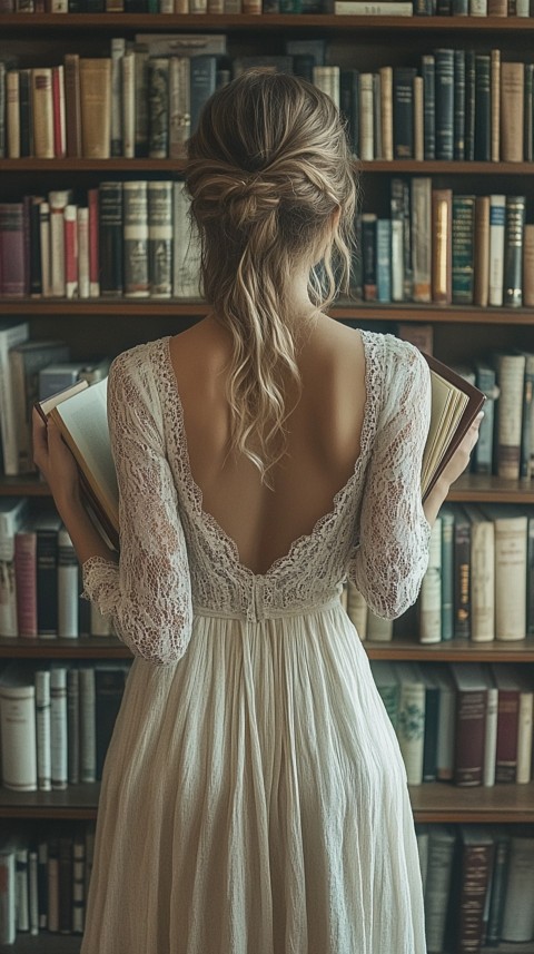 Back Shot of a Woman Reaching for a Book on a Shelf – Feminine Blogger Aesthetic (398)