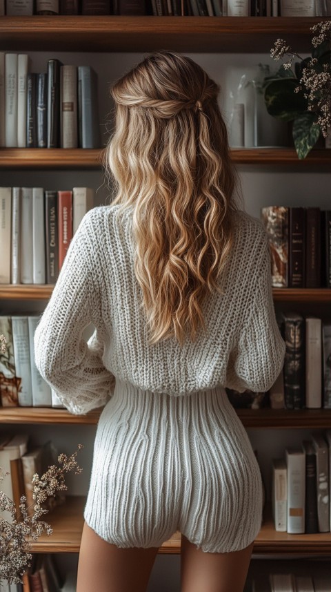 Back Shot of a Woman Reaching for a Book on a Shelf – Feminine Blogger Aesthetic (364)