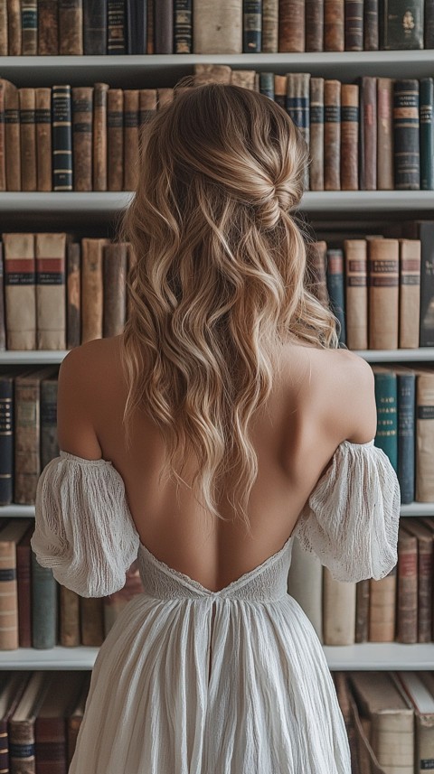 Back Shot of a Woman Reaching for a Book on a Shelf – Feminine Blogger Aesthetic (369)