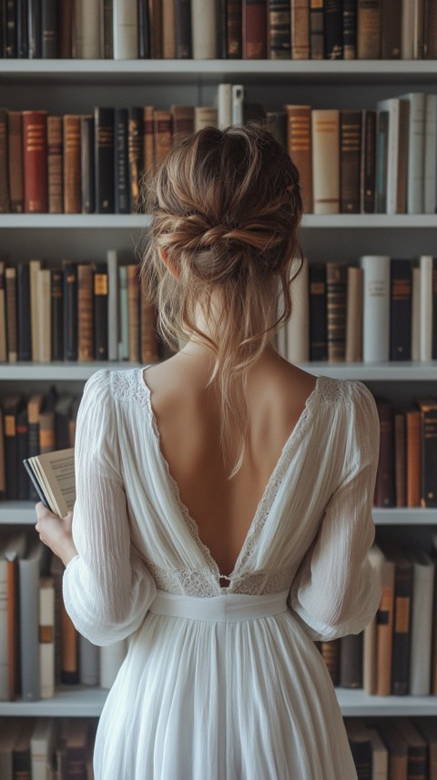 Back Shot of a Woman Reaching for a Book on a Shelf – Feminine Blogger Aesthetic (378)