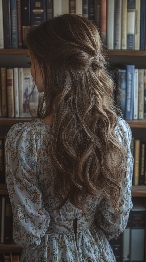 Back Shot of a Woman Reaching for a Book on a Shelf – Feminine Blogger Aesthetic (397)