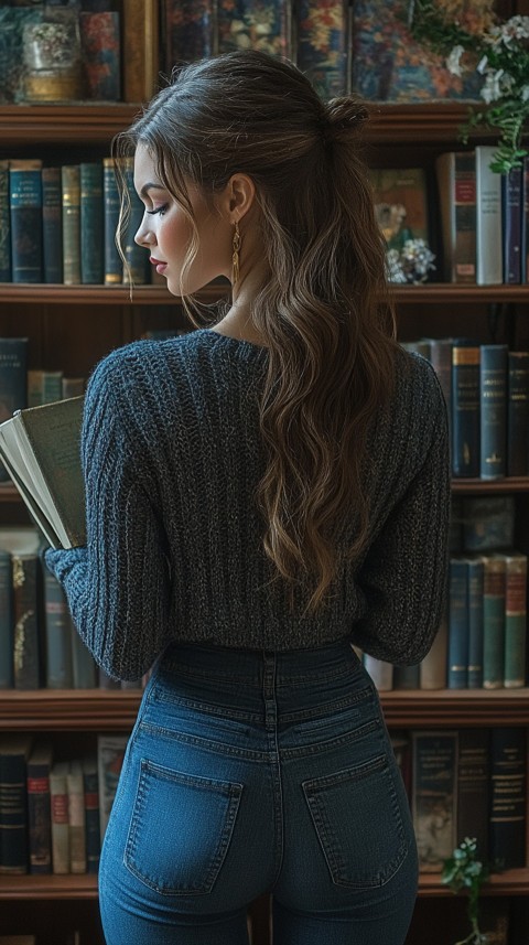 Back Shot of a Woman Reaching for a Book on a Shelf – Feminine Blogger Aesthetic (379)