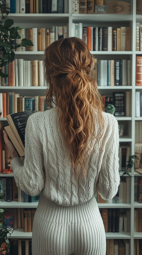 Back Shot of a Woman Reaching for a Book on a Shelf – Feminine Blogger Aesthetic (370)