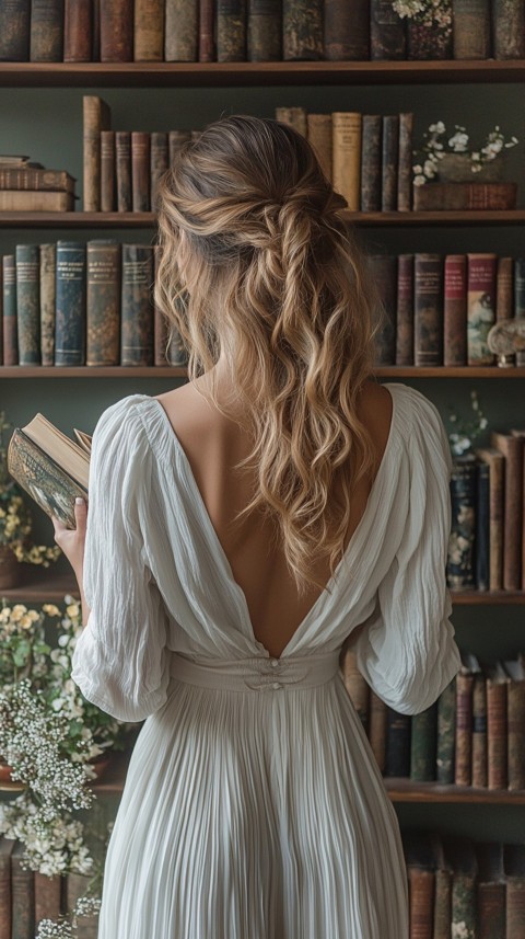 Back Shot of a Woman Reaching for a Book on a Shelf – Feminine Blogger Aesthetic (412)