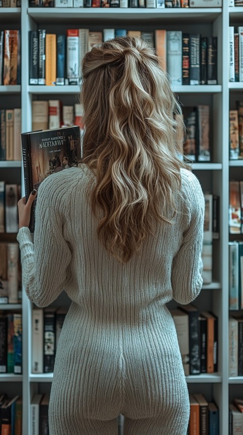 Back Shot of a Woman Reaching for a Book on a Shelf – Feminine Blogger Aesthetic (401)