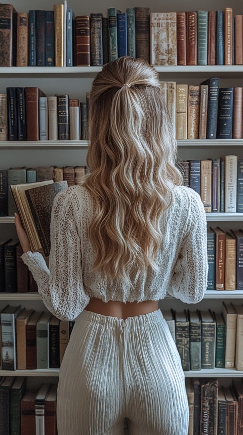 Back Shot of a Woman Reaching for a Book on a Shelf – Feminine Blogger Aesthetic (419)