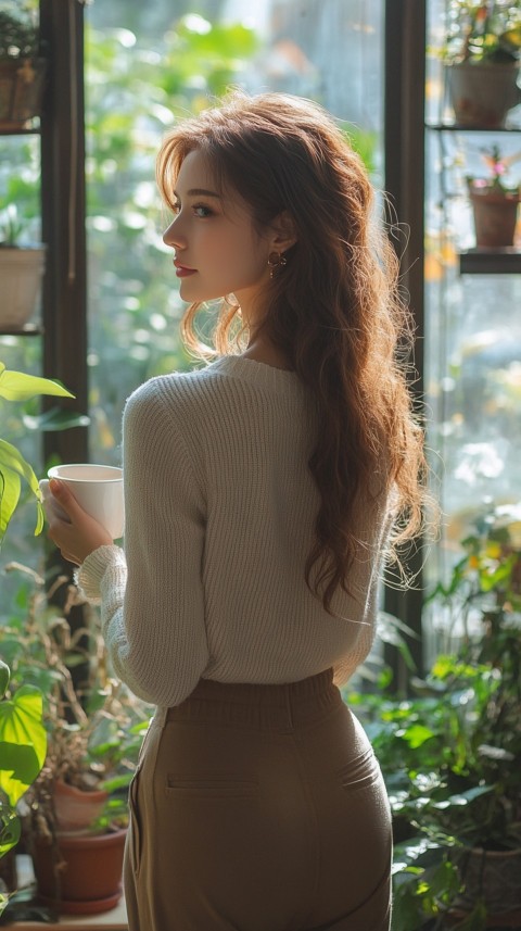 Back Shot of a Woman Standing in Front of a Window Facing a Garden with a Cup of Coffee (43)