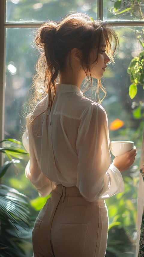 Back Shot of a Woman Standing in Front of a Window Facing a Garden with a Cup of Coffee (115)