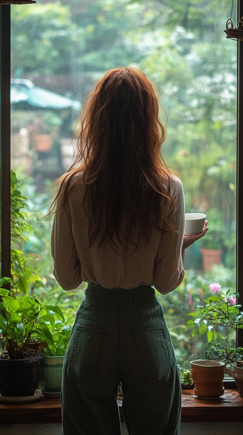 Back Shot of a Woman Standing in Front of a Window Facing a Garden with a Cup of Coffee (155)