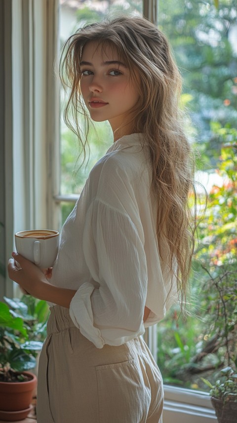 Back Shot of a Woman Standing in Front of a Window Facing a Garden with a Cup of Coffee (107)