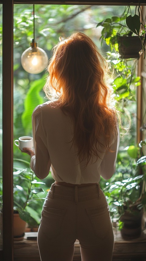 Back Shot of a Woman Standing in Front of a Window Facing a Garden with a Cup of Coffee (164)