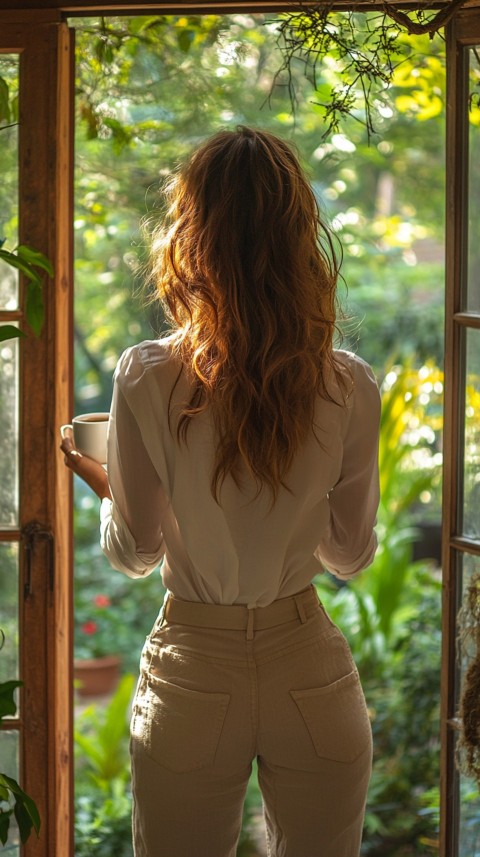 Back Shot of a Woman Standing in Front of a Window Facing a Garden with a Cup of Coffee (230)