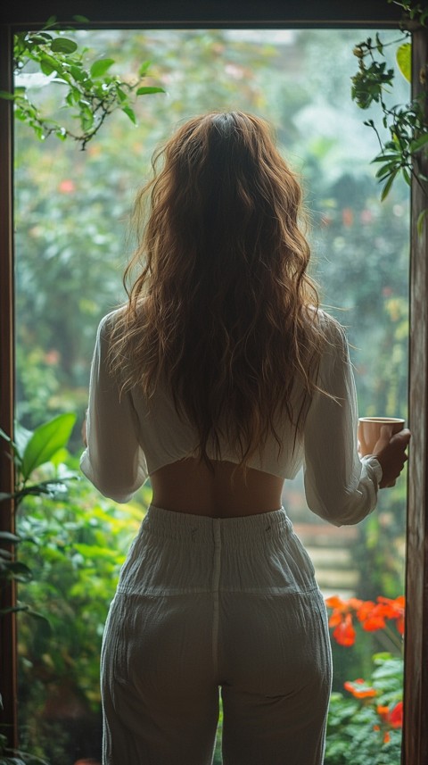 Back Shot of a Woman Standing in Front of a Window Facing a Garden with a Cup of Coffee (262)