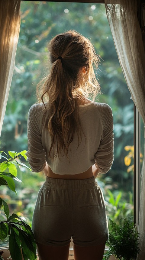 Back Shot of a Woman Standing in Front of a Window Facing a Garden with a Cup of Coffee (291)