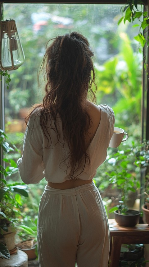 Back Shot of a Woman Standing in Front of a Window Facing a Garden with a Cup of Coffee (311)