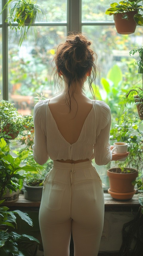 Back Shot of a Woman Standing in Front of a Window Facing a Garden with a Cup of Coffee (306)