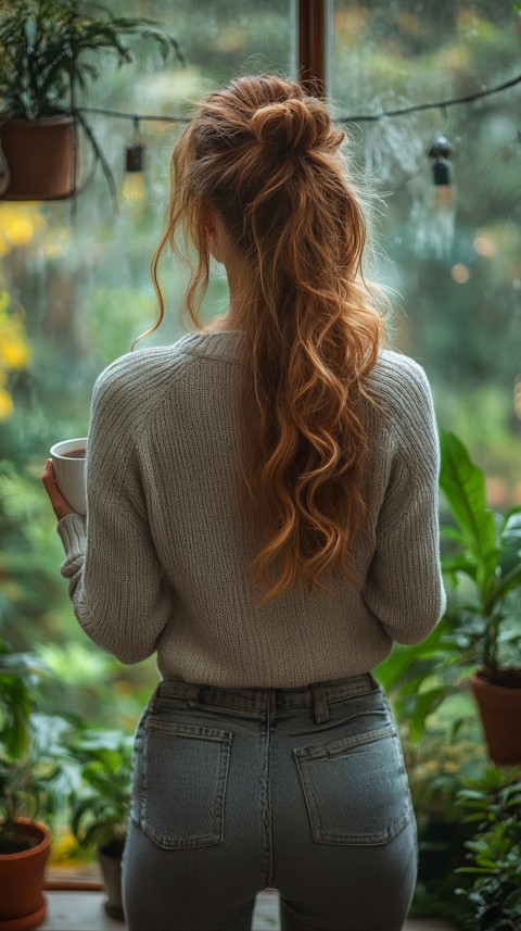 Back Shot of a Woman Standing in Front of a Window Facing a Garden with a Cup of Coffee (399)