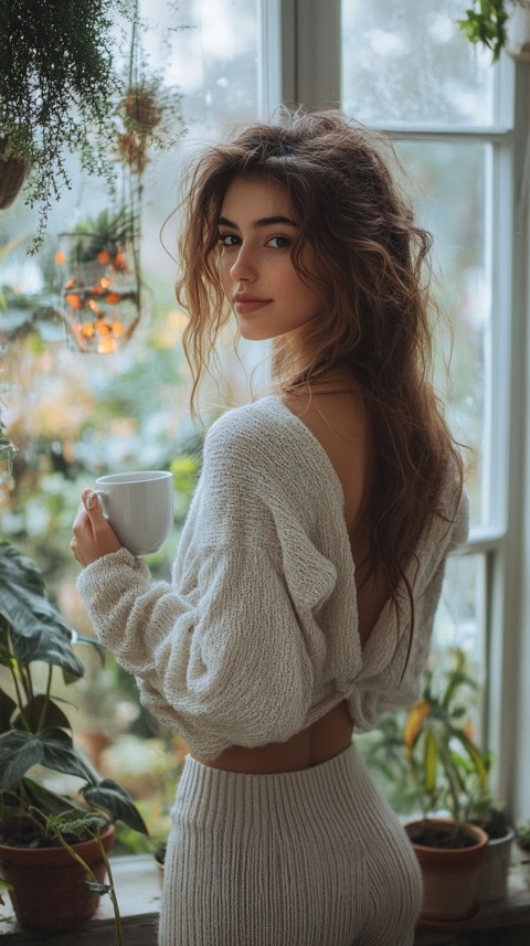 Back Shot of a Woman Standing in Front of a Window Facing a Garden with a Cup of Coffee (411)