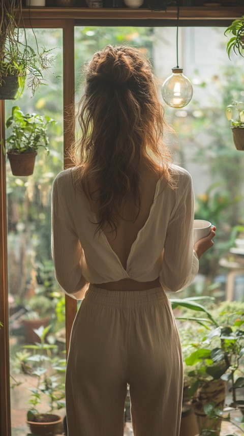 Back Shot of a Woman Standing in Front of a Window Facing a Garden with a Cup of Coffee (409)