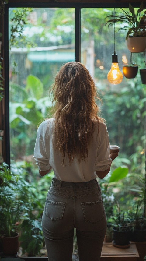 Back Shot of a Woman Standing in Front of a Window Facing a Garden with a Cup of Coffee (442)