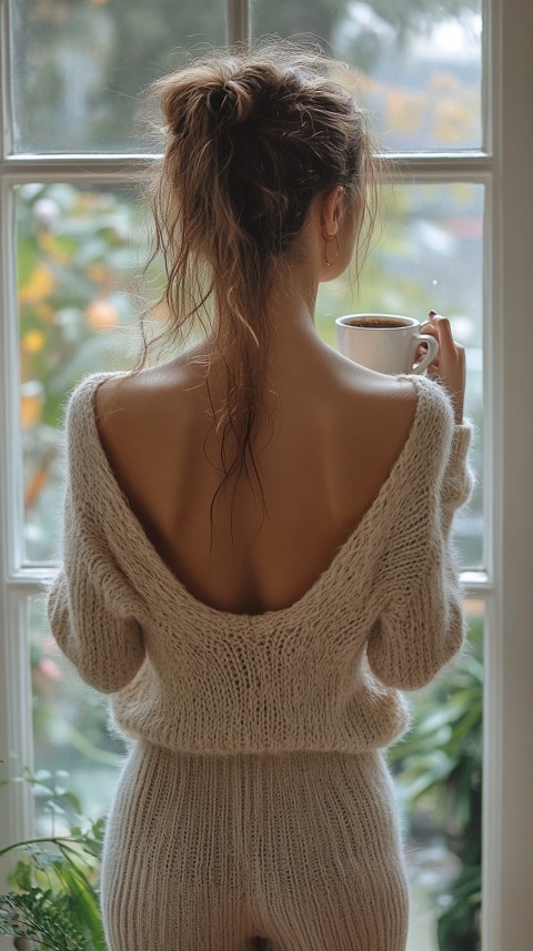 Back Shot of a Woman Standing in Front of a Window Facing a Garden with a Cup of Coffee (422)