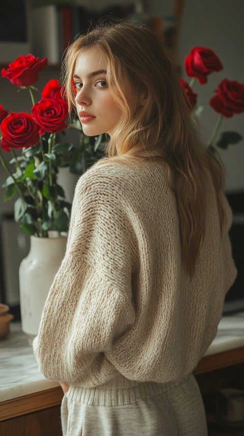 Back View of a Woman in a Comfy Sweater Standing by a Vase of Red Roses on a Kitchen Counter – Cozy Aesthetic (2)